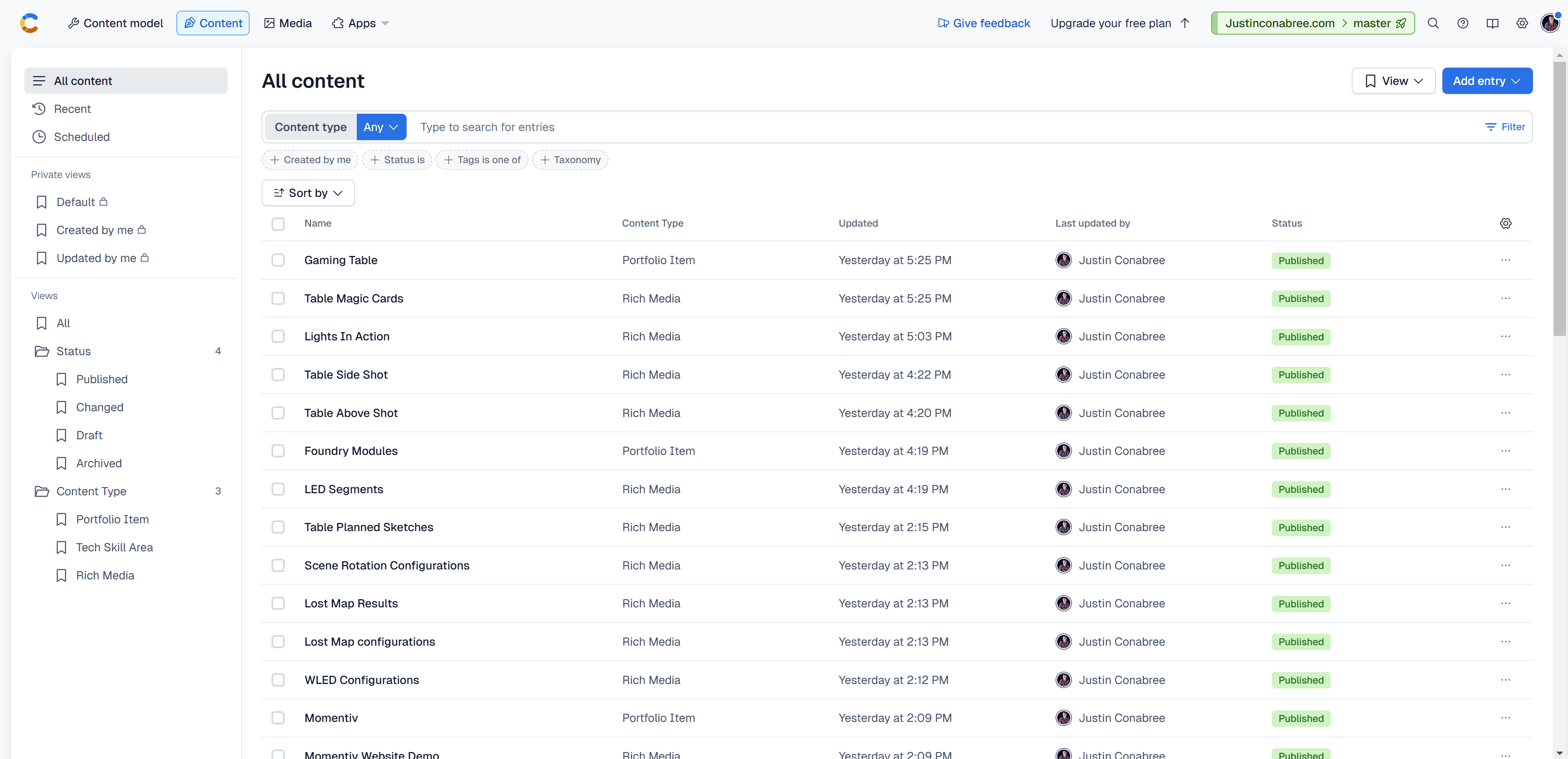 Justinconabree.com - Contentful content dashboard